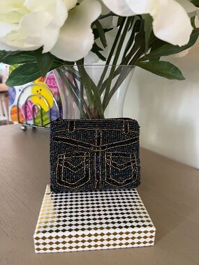 Beaded Denim Pocket Mini Purse - Blue  & Gold